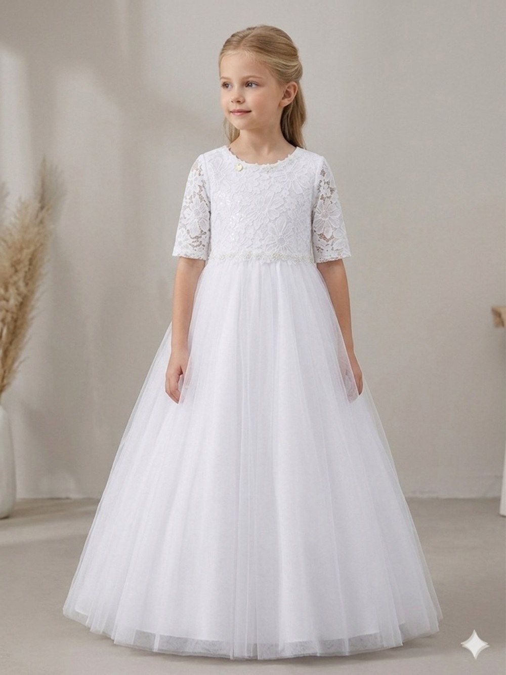 Classic White Lace & Tulle Formal Dress for Girls